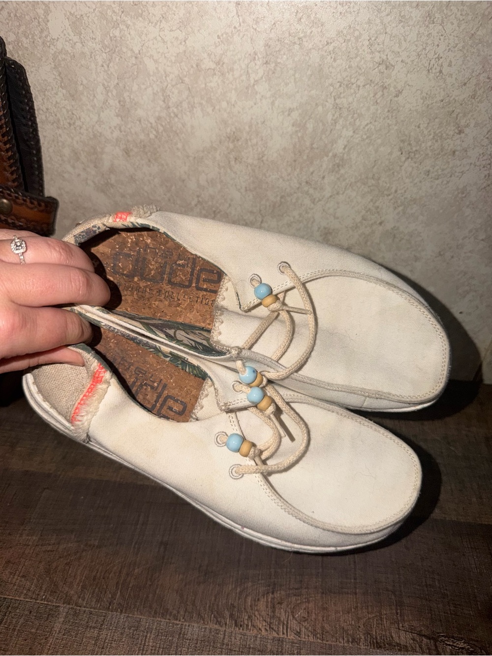 Hey Dude Women's Cream Slip-On Moccasins with Blue Bead Accents